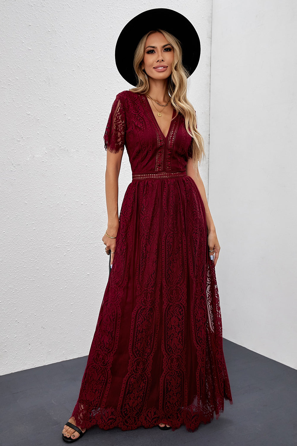 Robe Longue Dentelle Boheme Bordeaux Manches Courtes