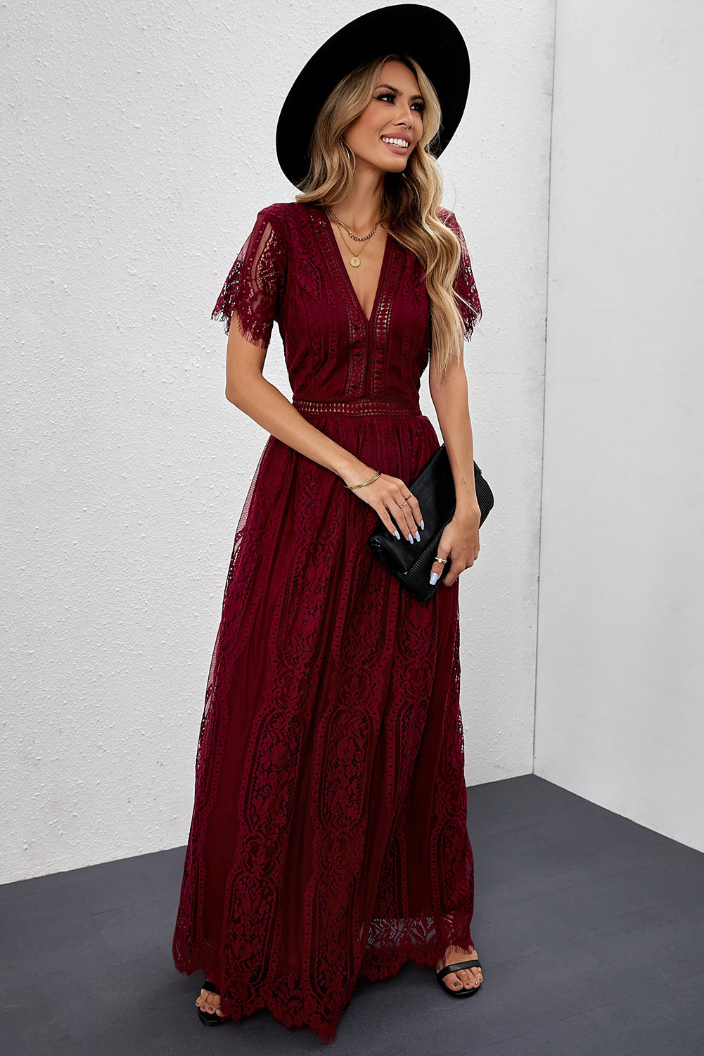 Robe Longue Dentelle Boheme Bordeaux Manches Courtes