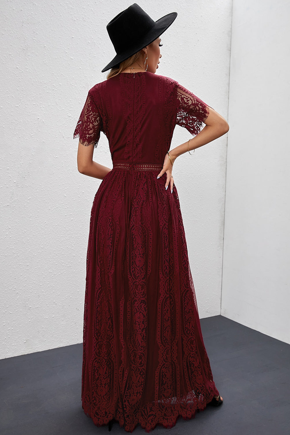 Robe Longue Dentelle Boheme Bordeaux Manches Courtes