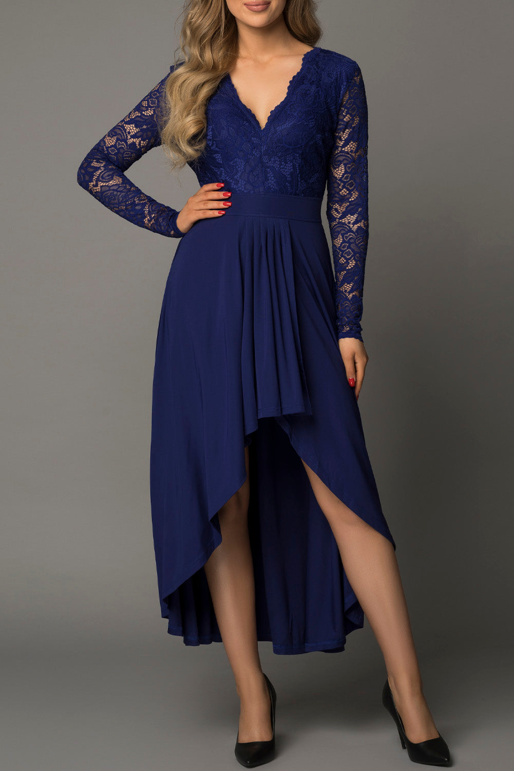 Robe de Soiree Dentelle Bleu Dos Nu Col en V Manches Longues