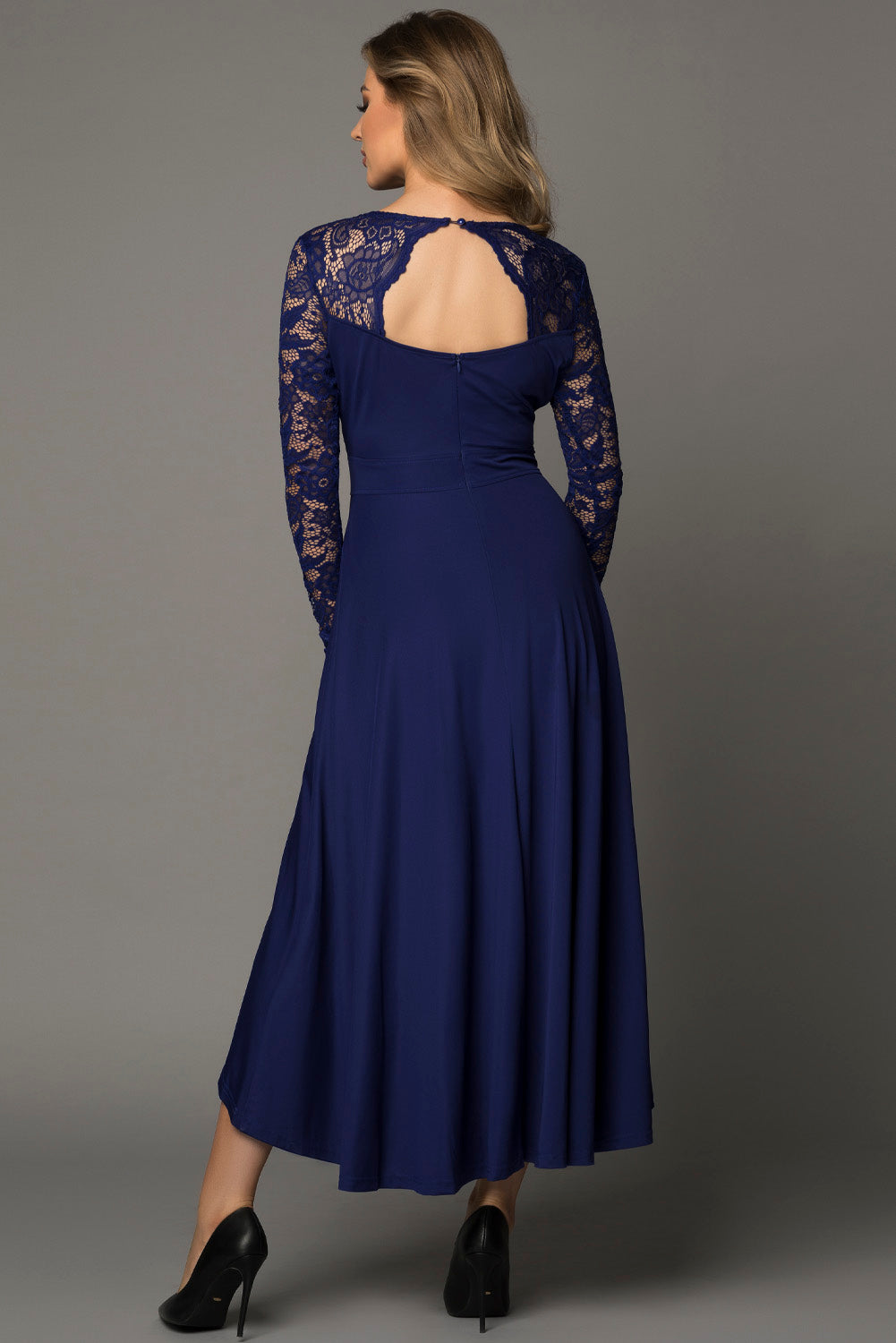 Robe de Soiree Dentelle Bleu Dos Nu Col en V Manches Longues