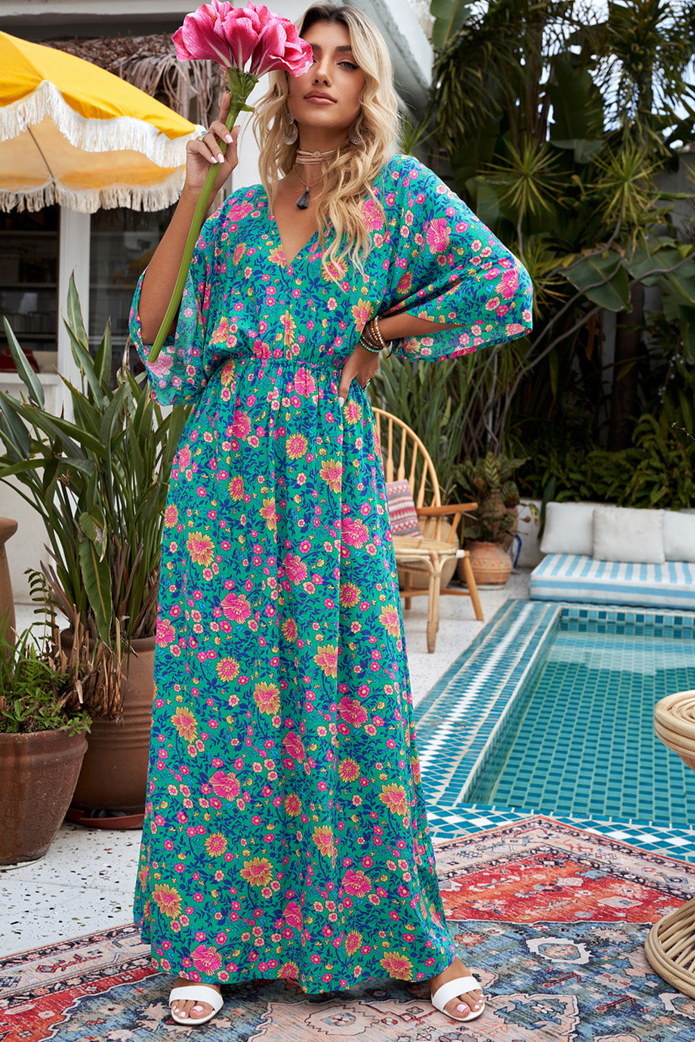 Robe Longue Boheme Chic Verte Fleurs Col en V