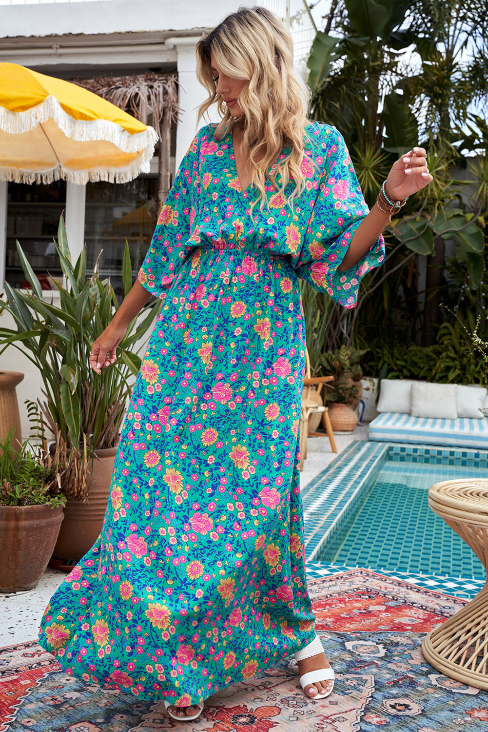 Robe Longue Boheme Chic Verte Fleurs Col en V