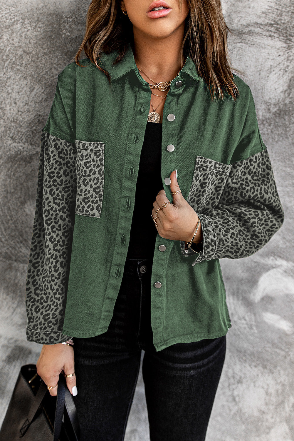 Veste en Jean Femme Leopard Contraste Vert