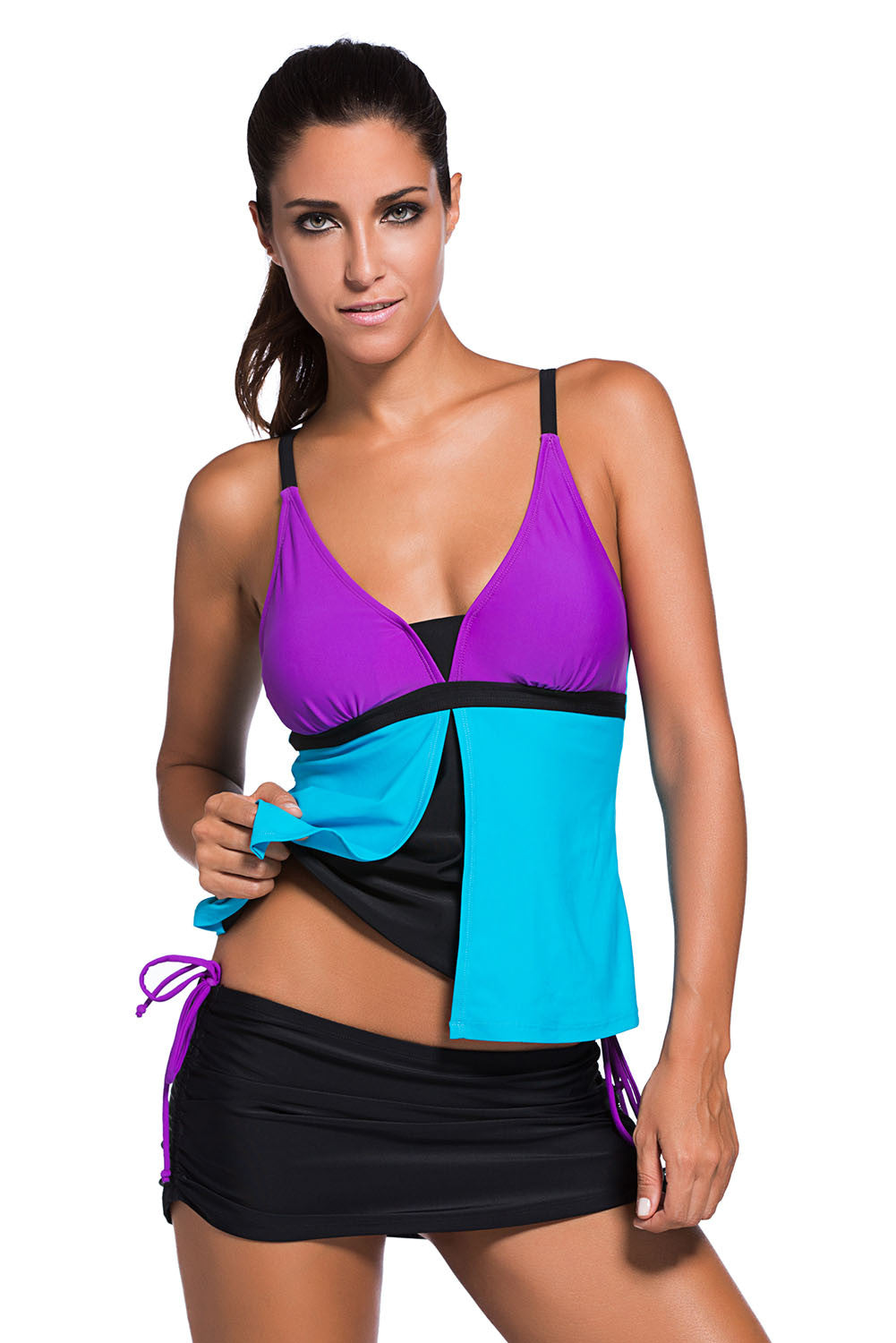 Maillot de Bain Tankini jupe-Short Bleu Violet Bloc de Couleur