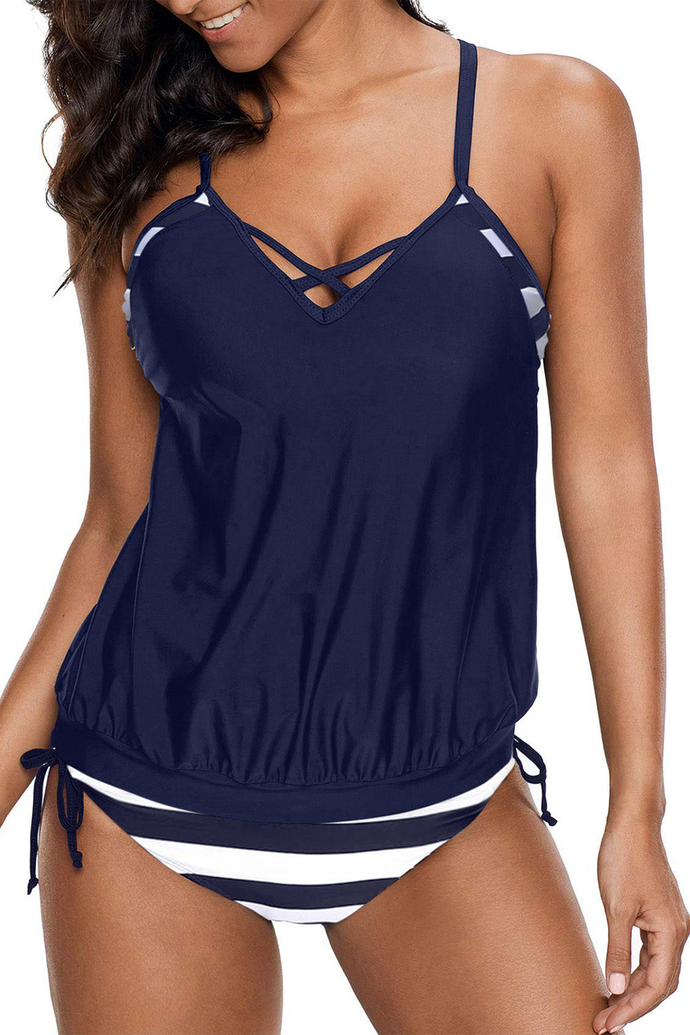 Maillot de Bain Tankini Femme 2 Piece Bleu Rayures Licou