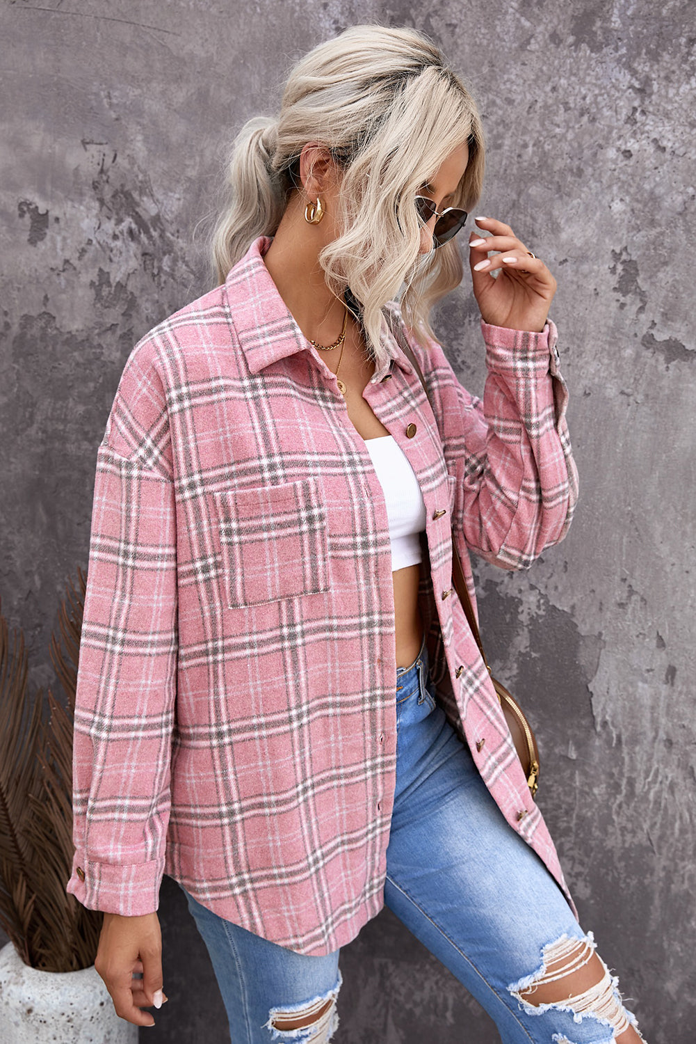 Manteau de Chemise A Carreaux Rose Femme Boutonne