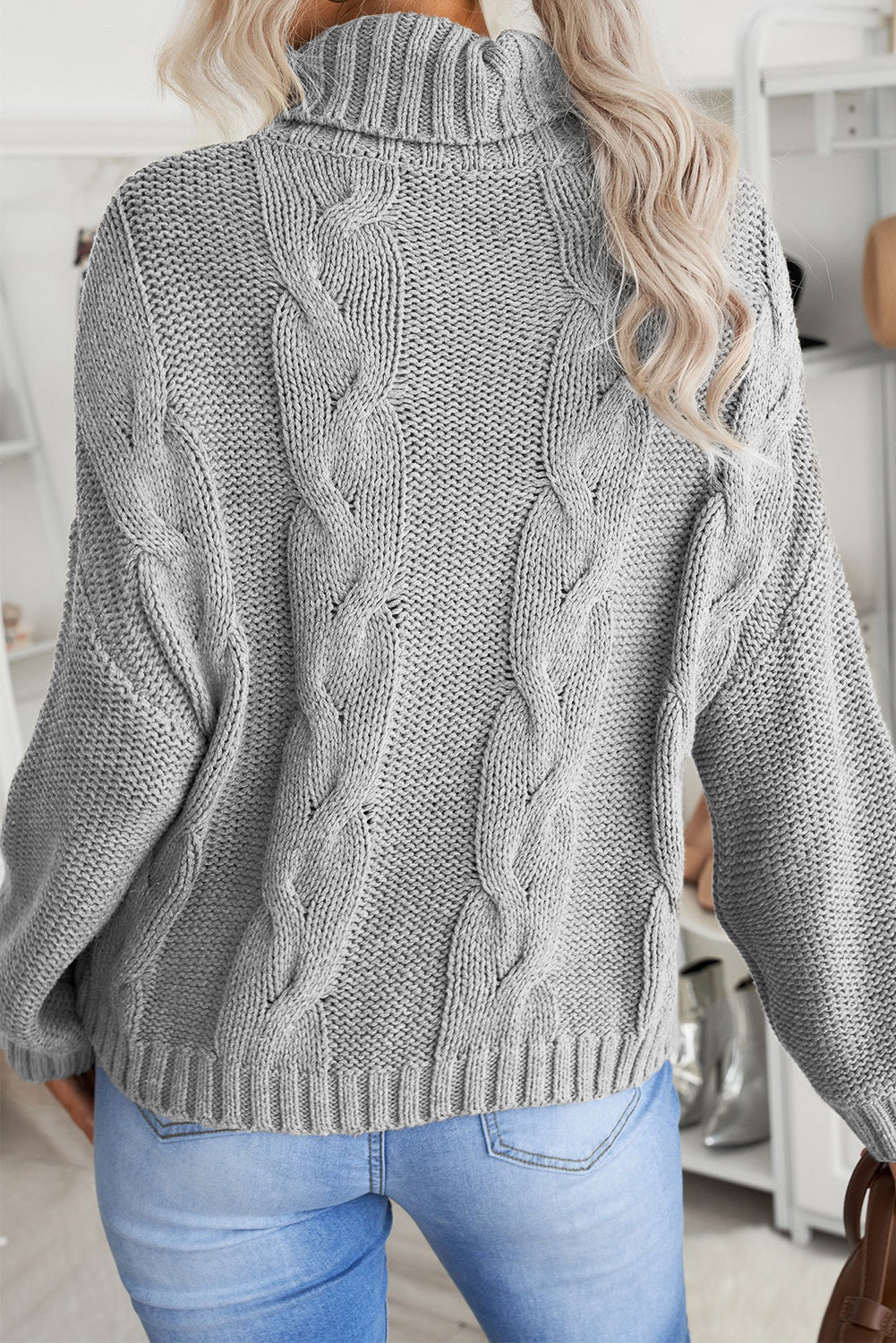 Pull Col Roule Femme Hiver Cable Tricote a La Main