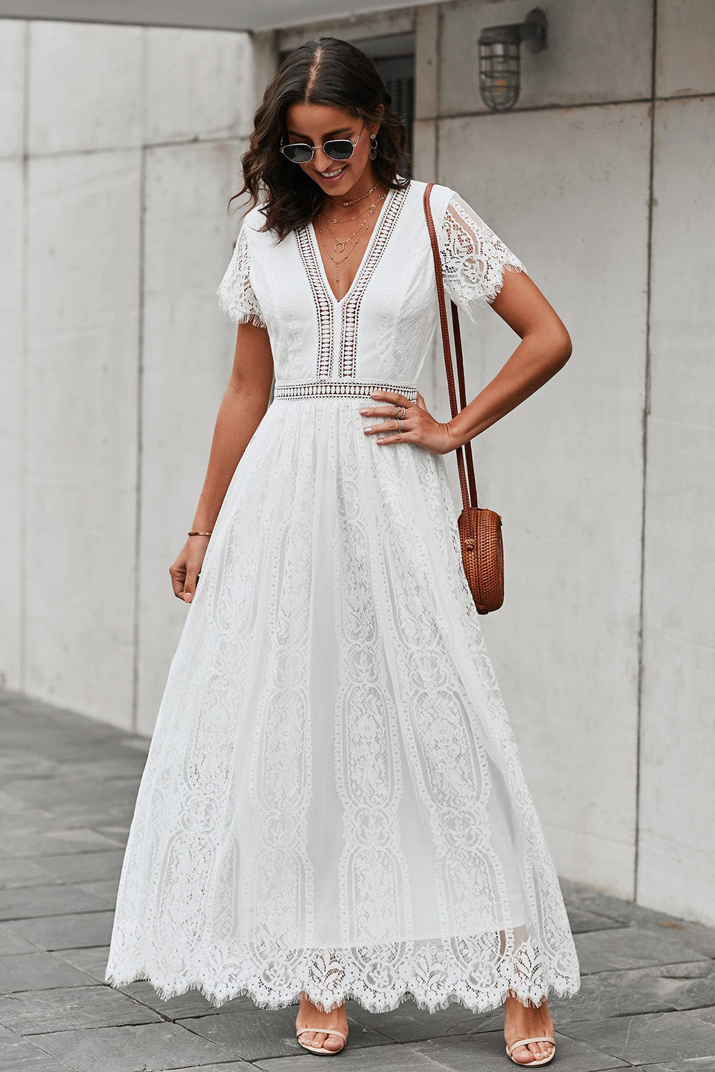 Robe Longue Blanche Dentelle Boheme Col en V