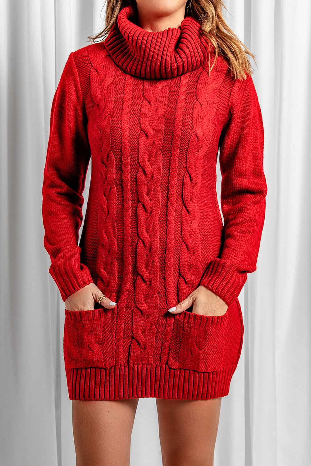 Robe Pull Rouge Col Roule Femme Hiver Tricot de Cable