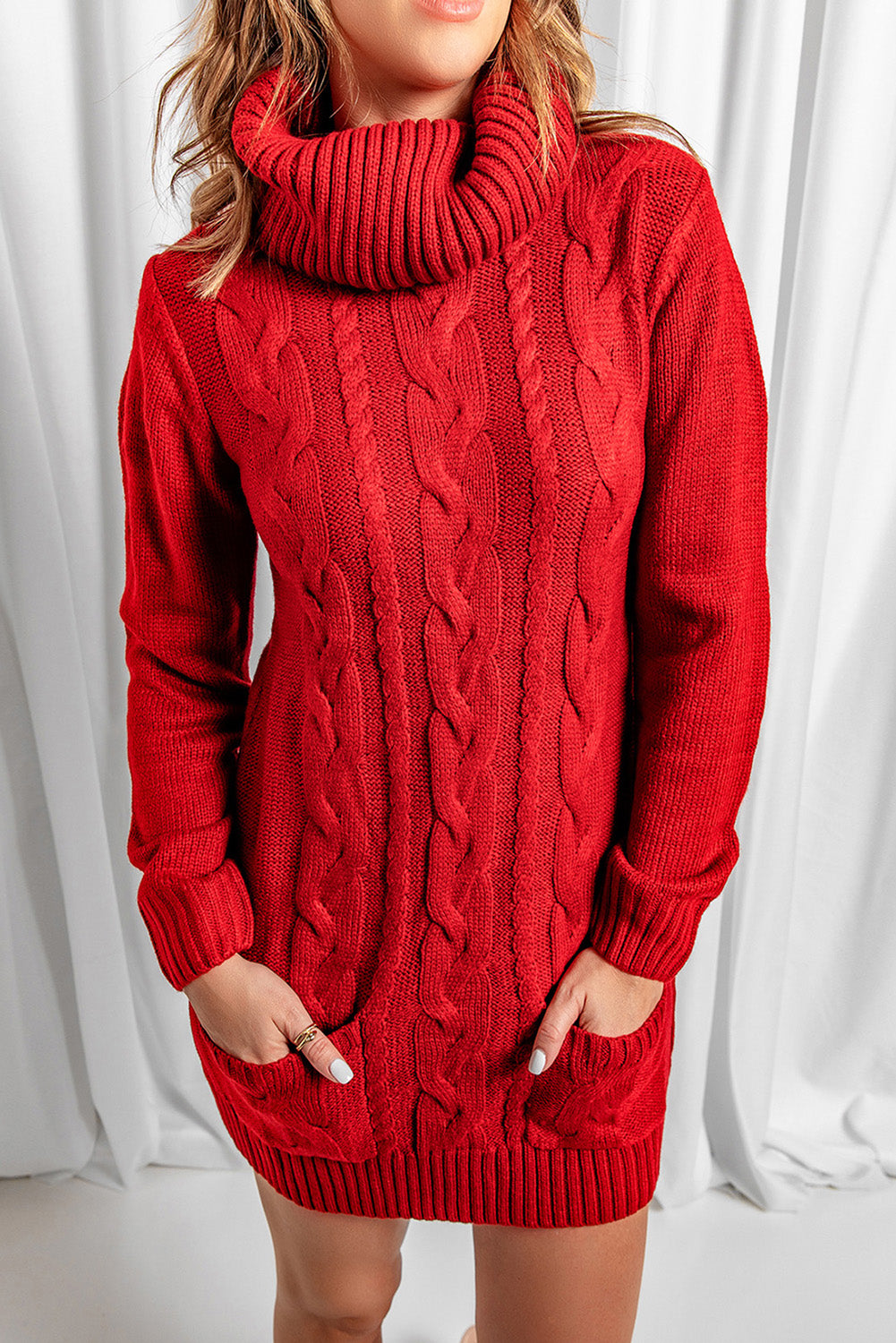 Robe Pull Rouge Col Roule Femme Hiver Tricot de Cable ModeBuy