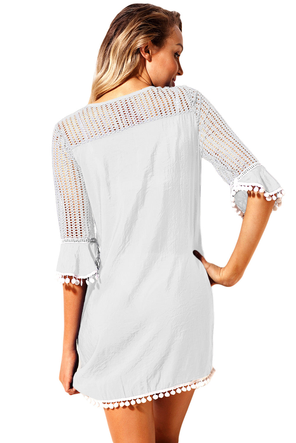 Robe de Plage Boheme Femme Ete Blanche Pompon au Crochet