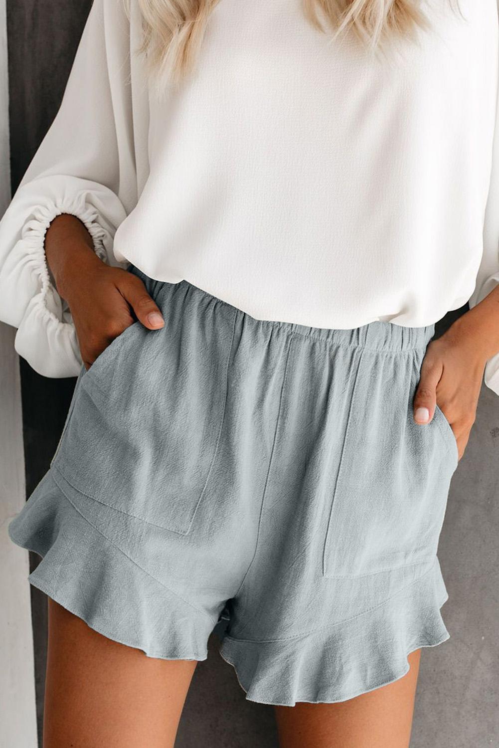 Short Femme Gris a Volants en Coton et Lin 