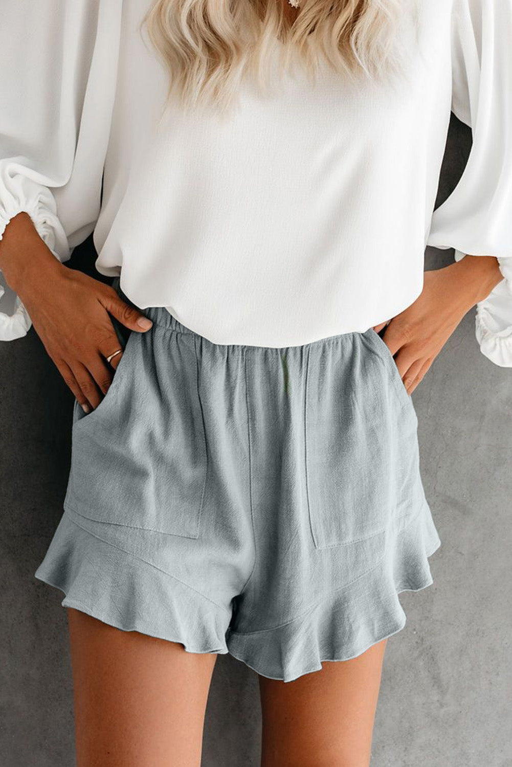 Short Femme Gris a Volants en Coton et Lin 