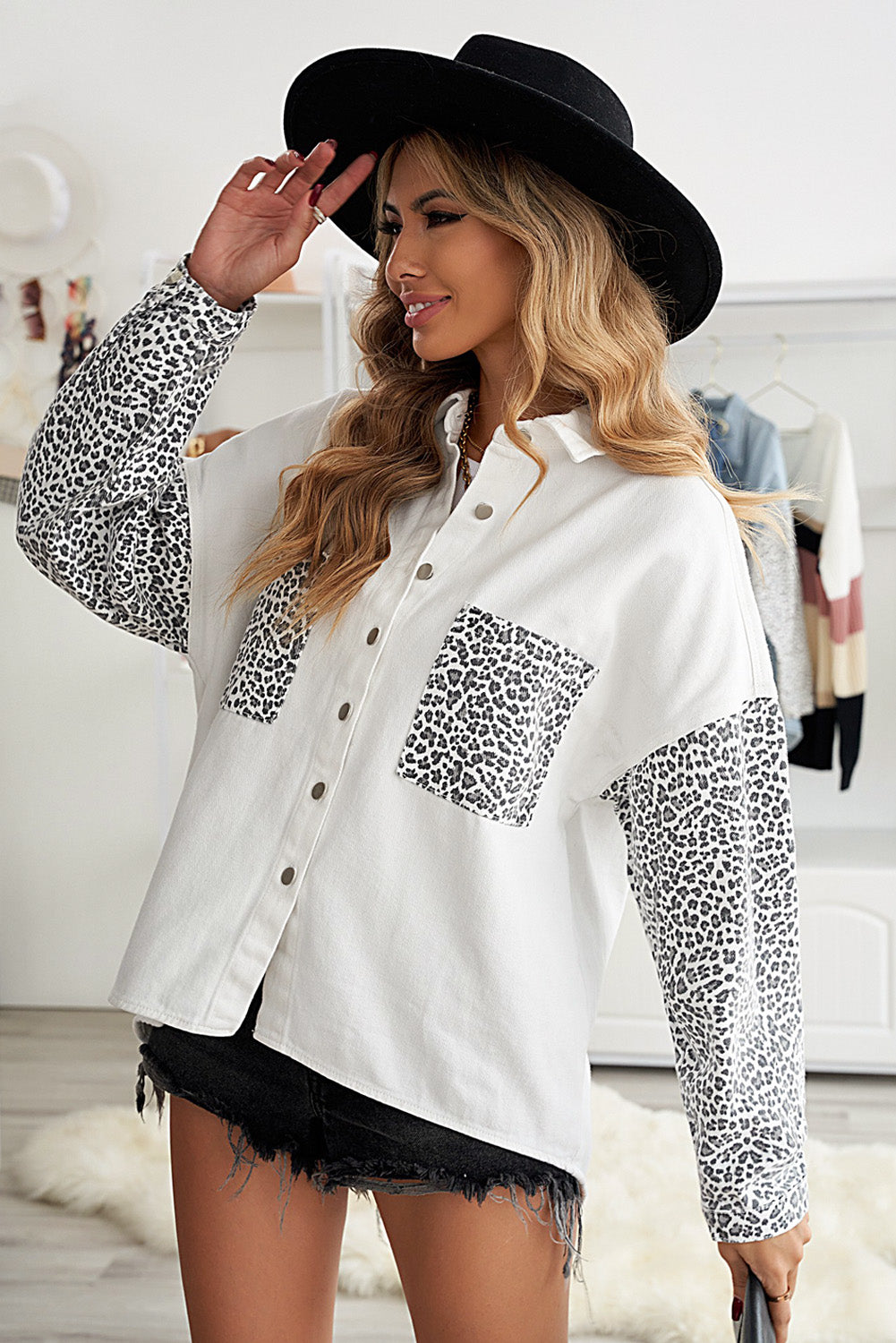 Surchemise Jean Blanche Femme Contrastee Leopard Mode