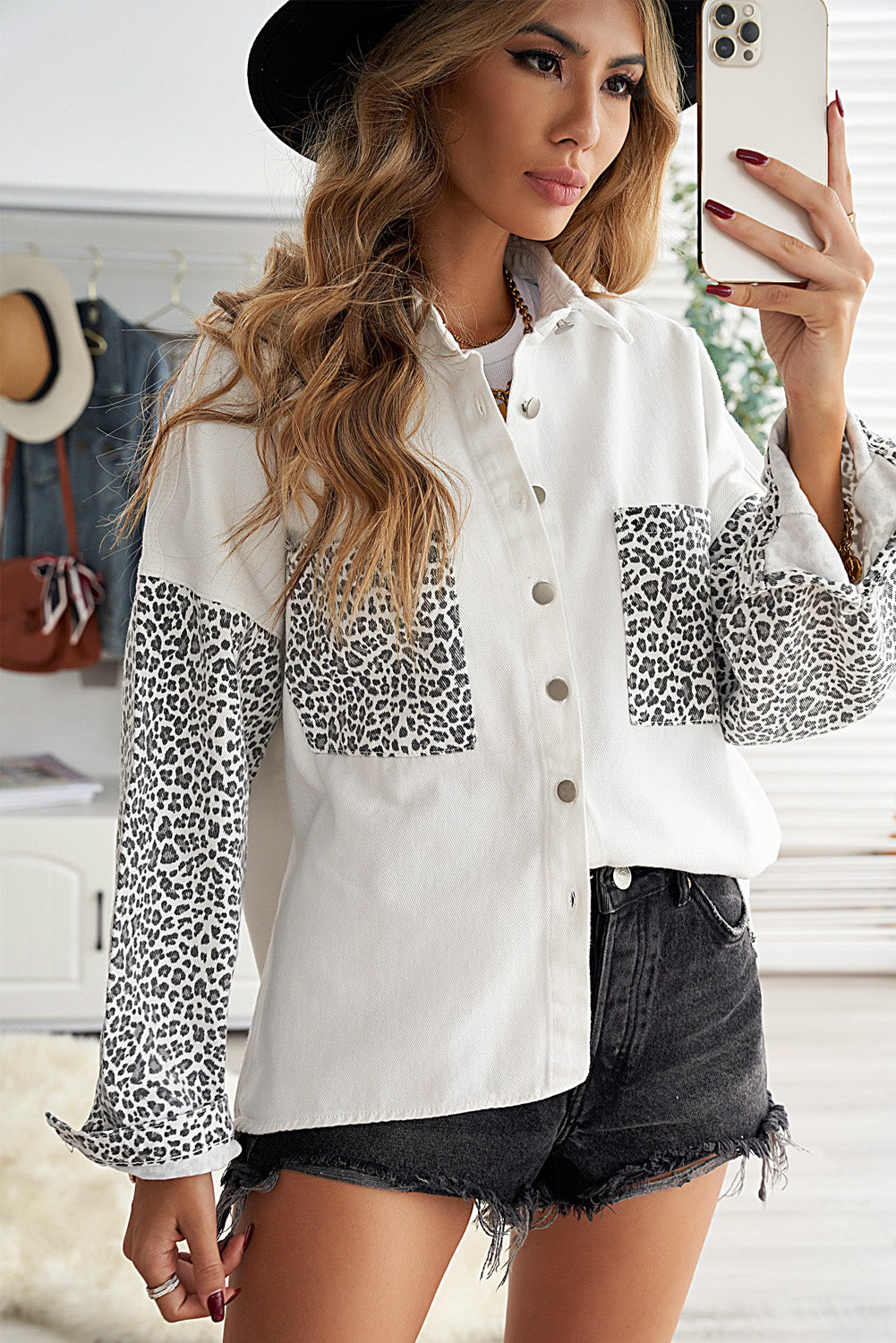 Surchemise Jean Blanche Femme Contrastee Leopard Mode