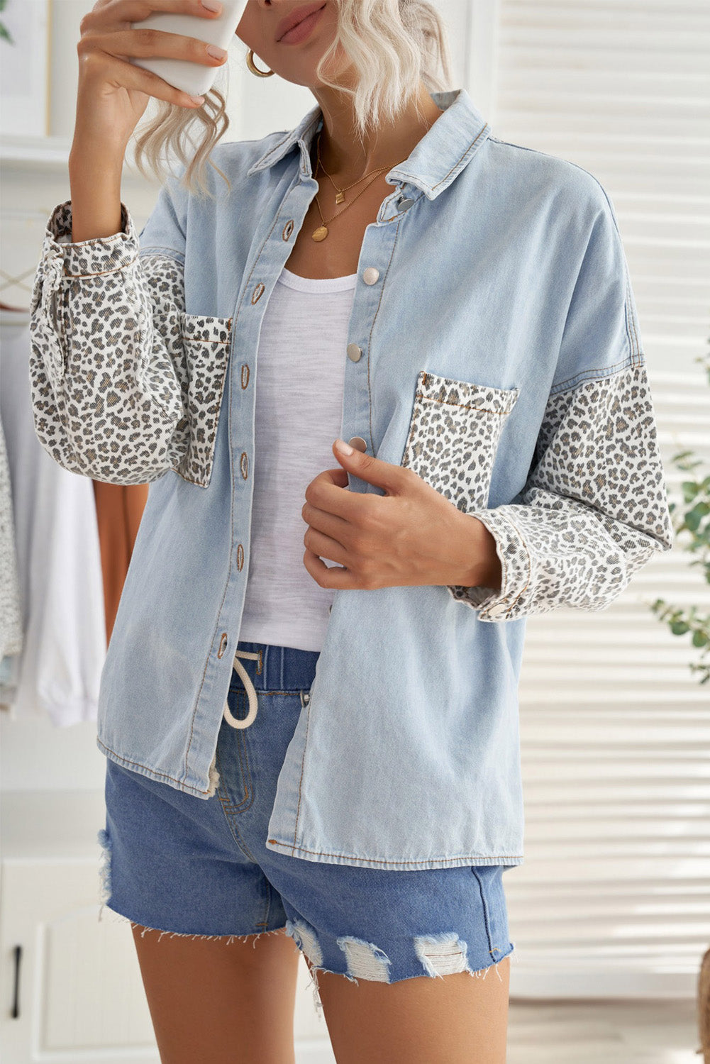 Surchemise Jean Blanche Femme Contrastee Leopard Mode