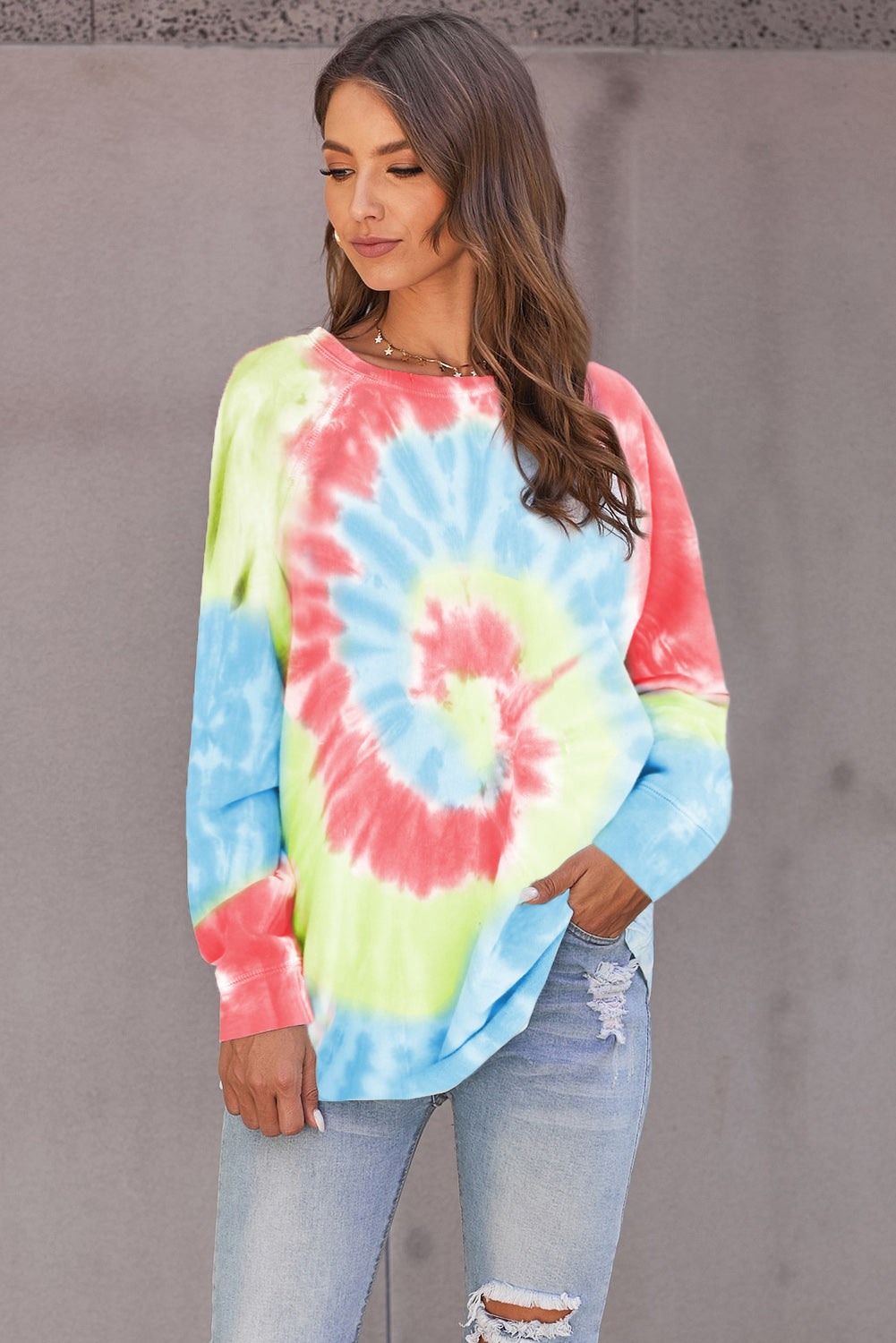 Sweat Manches Longues Femme Vrac Loisirs  Tie Dye Bleu Ciel