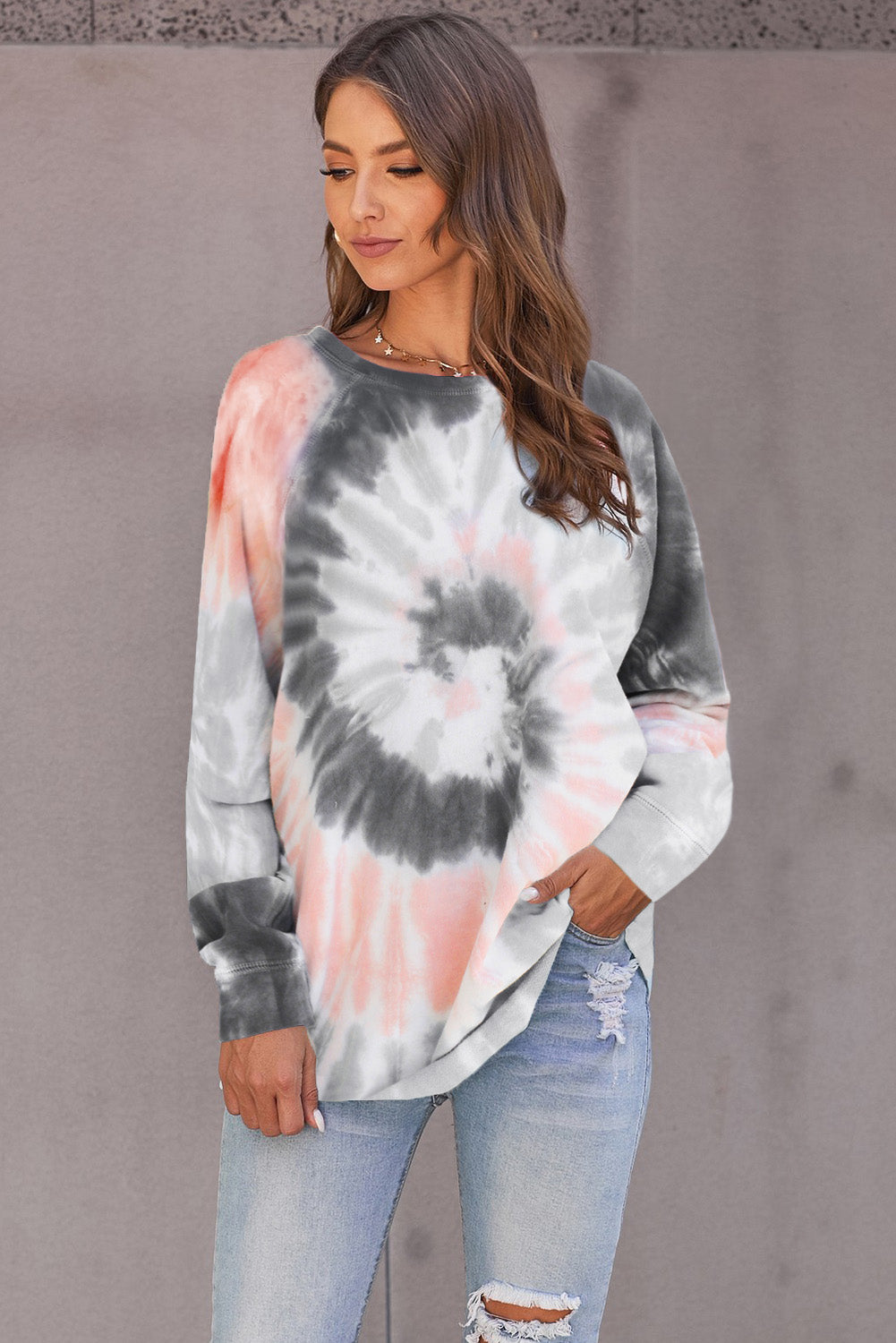 Sweat Manches Longues Femme Vrac Loisirs Tie Dye Gris