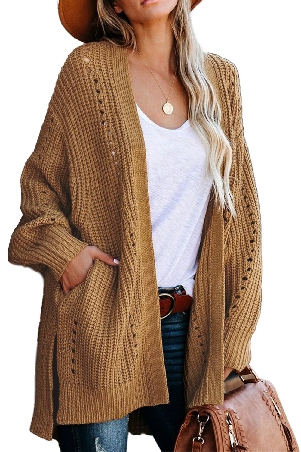 Cardigan Abricot Femme Tricot Torsade Manches Tombantes