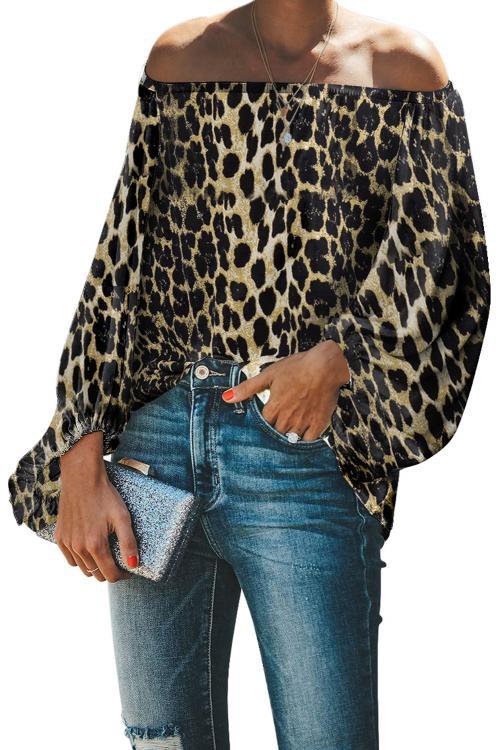 Blouse Manches Longues Epaules Denudees Imprime Leopard