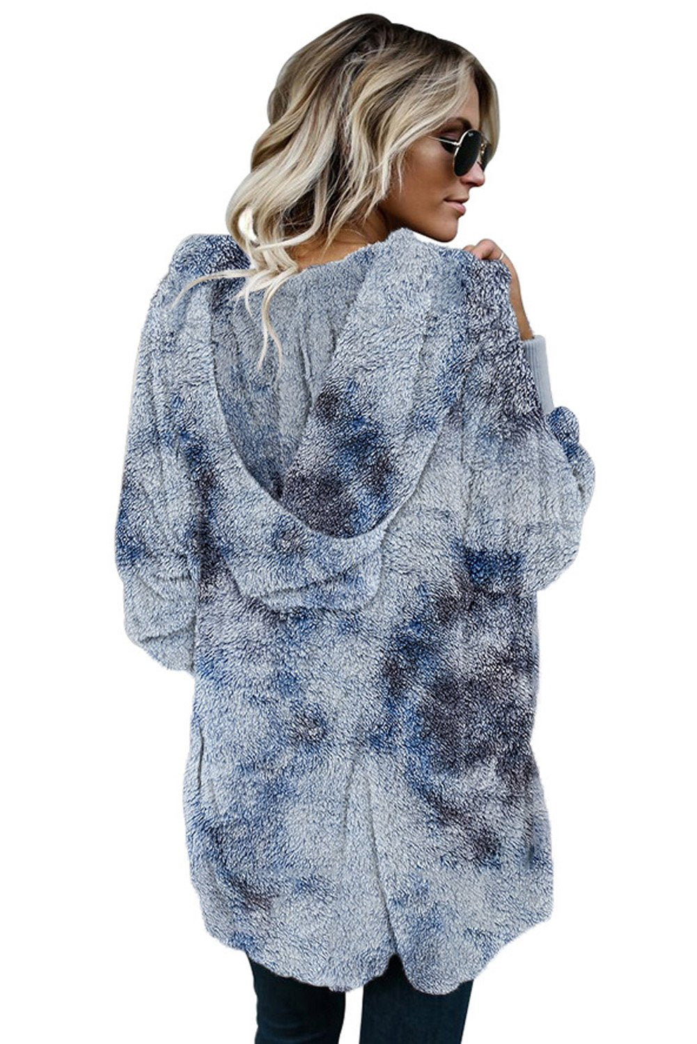 Manteau Femme Ouvert A Capuche en Polaire Douce Bleu Tie Dye