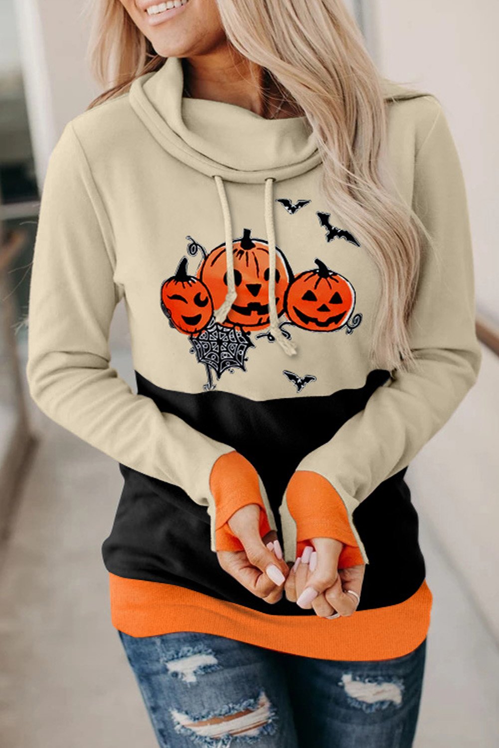 Sweat-shirt d'Halloween Imprime Citrouille et col benitier