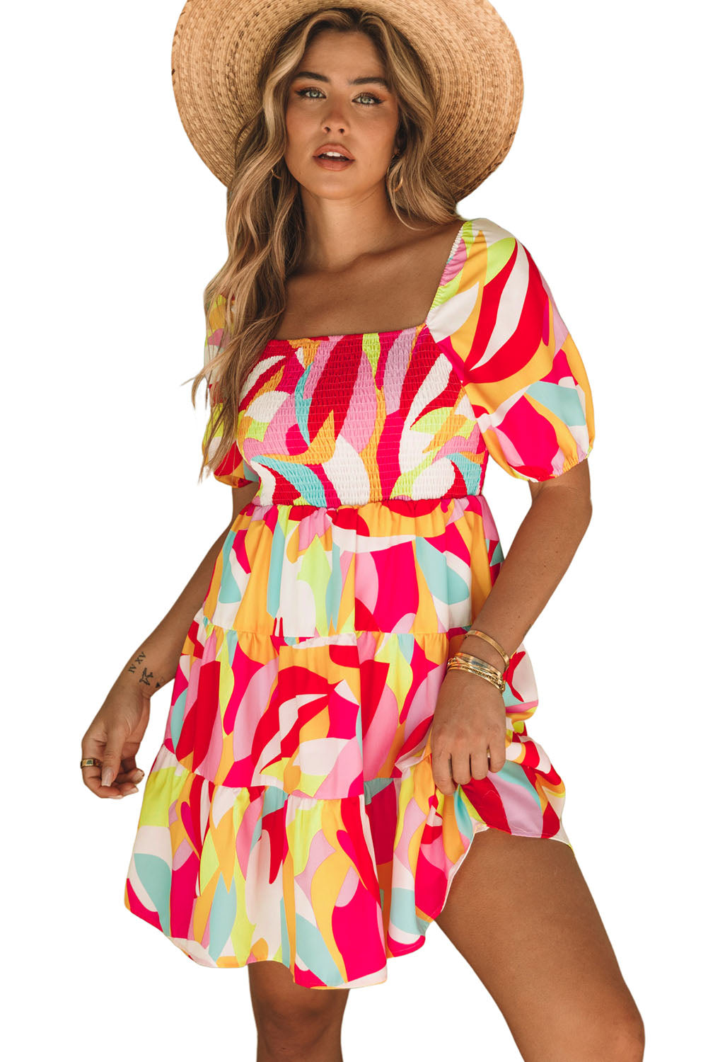 Mini-Chic Robe nuisette smockée à imprimé géométrique multicolore