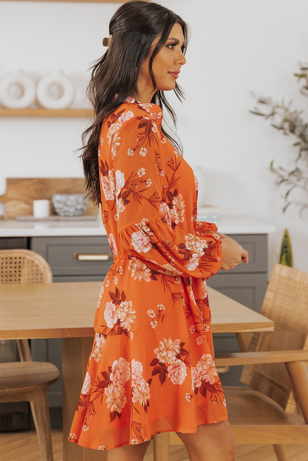 Chic Robe Fluide Orange À Imprimé Fleuri