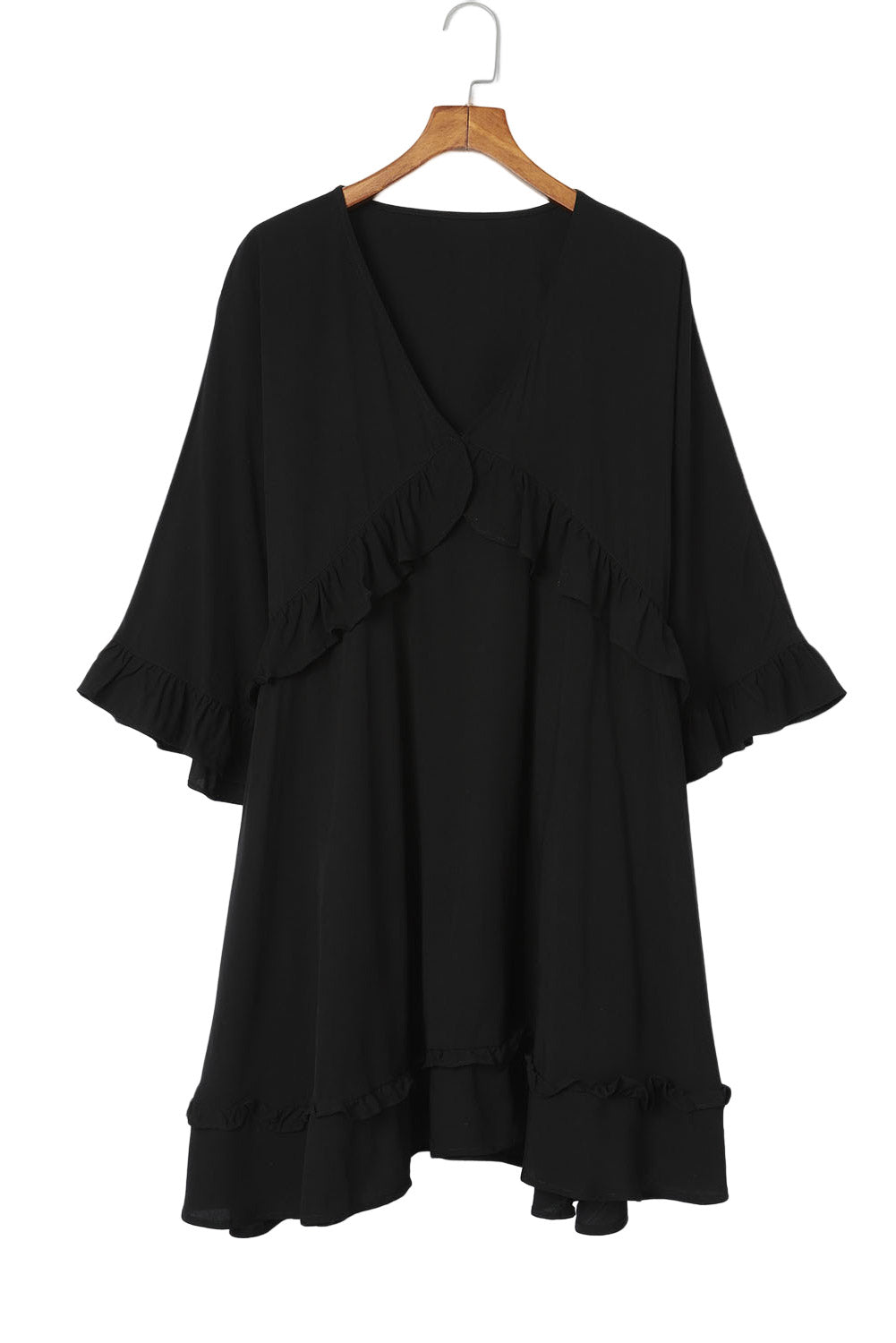 Mini-Chic Robe babydoll noire à manches 3/4 et col en V à volants