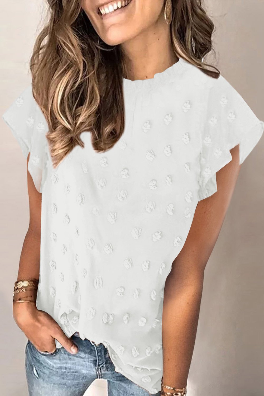 Blouse Blanche Manches Courtes Poudre a Volants et A Pois