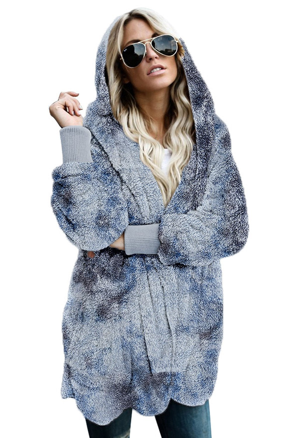 Manteau Femme Ouvert A Capuche en Polaire Douce Bleu Tie Dye